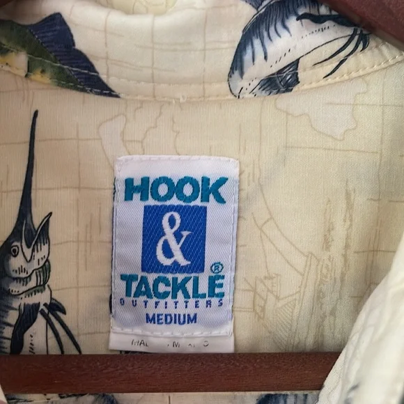 HOOK & TACKLE Swordfish Lighthouse Fishing Nautical Map Button Down Size Medium - Picture 11 of 11